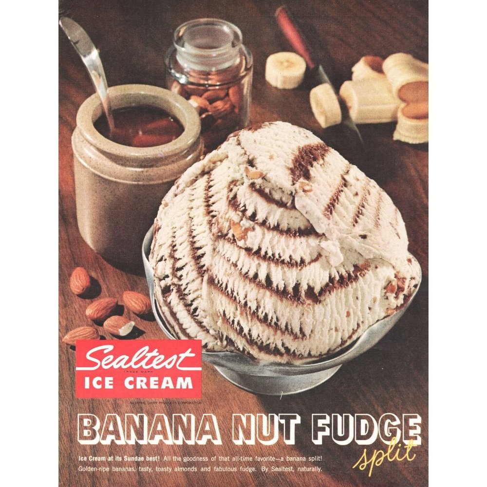 1961 Sealtest ice Cream Banana Nut Fudge Split Vintage Print Ad Dessert Wall Art